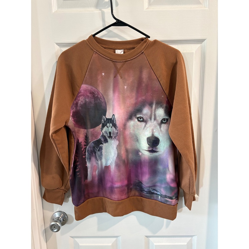 No Boundaries Husky Wolf Galaxy Moon Sweatshirt Brown Pullover Medium 7-9